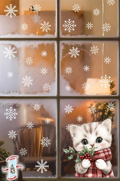 Şaşkın Kedi & Kar Taneleri Cam Süsü – Çift Taraflı Baskı %100 Net Görünüm - Yılbaşını Bekleyen Kedi