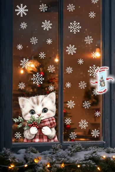 Şaşkın Kedi & Kar Taneleri Cam Süsü – Çift Taraflı Baskı %100 Net Görünüm - Yılbaşını Bekleyen Kedi
