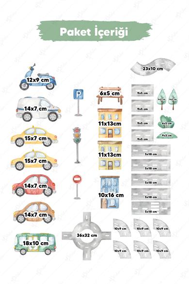Şehir Trafik Figürler Arabalar Yollar Ağaçlar ve Evler Sticker Seti, Hayalgücünü Geliştiren Sticker