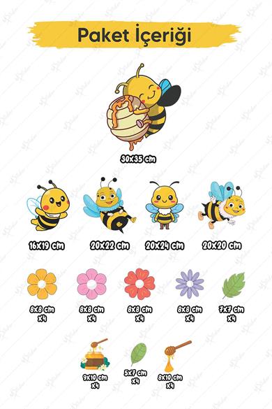 Sevimli Arılar Çiçekler ve Yapraklar Çocuk Bebek Odası Duvar Cam Dolap Sticker Seti, Arı Sticker