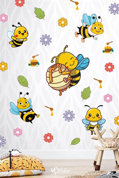 Sevimli Arılar Çiçekler ve Yapraklar Çocuk Bebek Odası Duvar Cam Dolap Sticker Seti, Arı Sticker