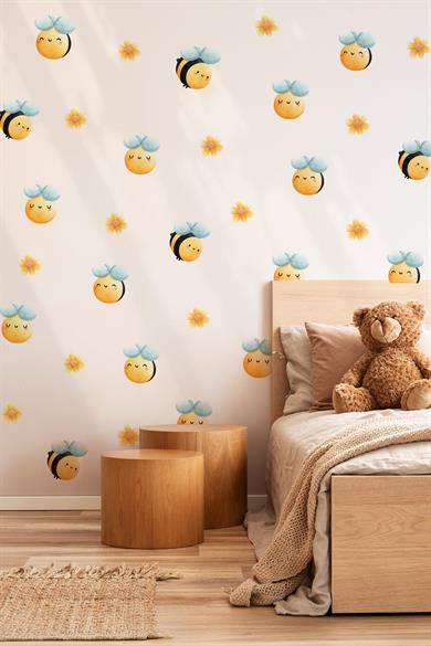 Sevimli Arılar ve Çiçekler Temalı Çocuk Bebek Odası Kreş Anaokulu Sticker Seti 47 Parça Özel Kesim