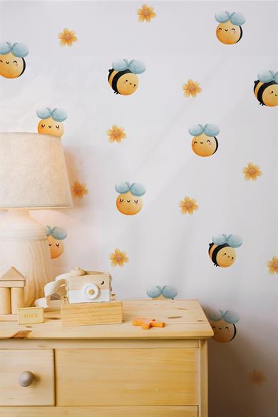 Sevimli Arılar ve Çiçekler Temalı Çocuk Bebek Odası Kreş Anaokulu Sticker Seti 47 Parça Özel Kesim
