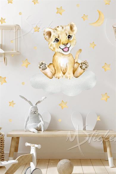 Sevimli Aslan ve Yıldızlar Çocuk Odası Duvar Cam Sticker Seti