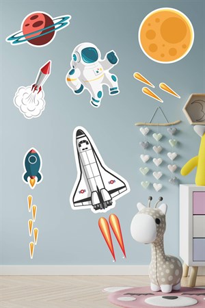 Sevimli Astronot, Uzay Mekiği, Gezegen Sticker Seti Çocuk Bebek Odası Sticker