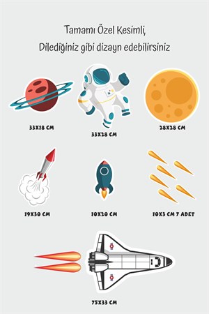Sevimli Astronot, Uzay Mekiği, Gezegen Sticker Seti Çocuk Bebek Odası Sticker