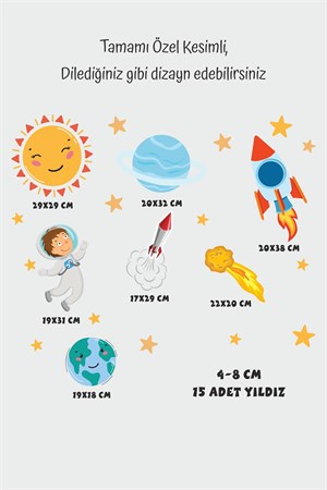 Sevimli Astronot, Uzay Mekiği, Güneş, Yıldızlar Gezegen Sticker Seti