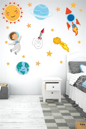 Sevimli Astronot, Uzay Mekiği, Güneş, Yıldızlar Gezegen Sticker Seti
