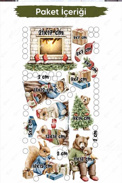 Sevimli Ayı Ailesi ve Arkadaşları Kış Konseptli Sticker Seti, Yılbaşı Süsü Yılbaşı Sticker Seti