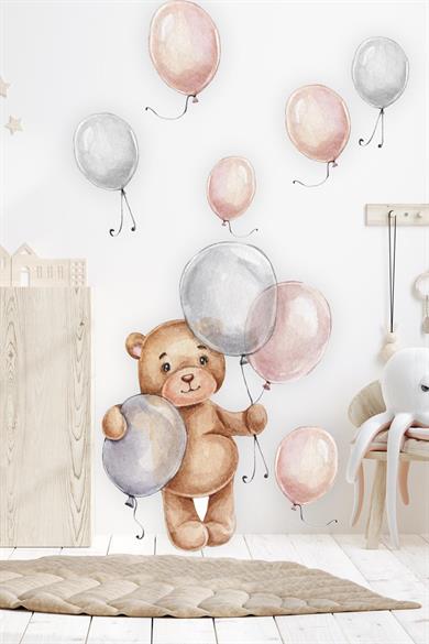 Sevimli Ayıcık ve Balonlar Çocuk Bebek Odası Sticker Seti