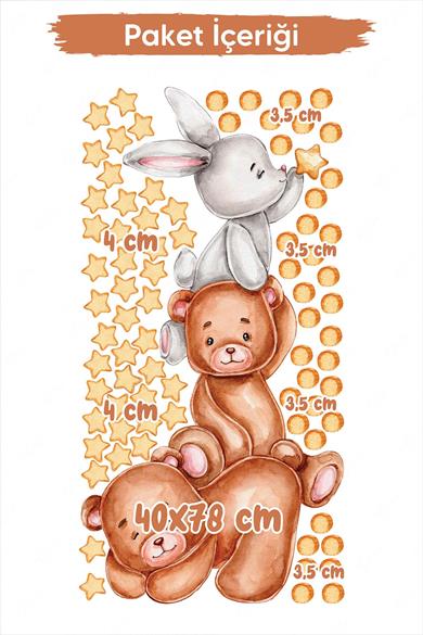 Sevimli Ayıcıklar, Tavşan, Yıldız ve Puantiyeler Çocuk Bebek Odası Duvar Sticker Seti