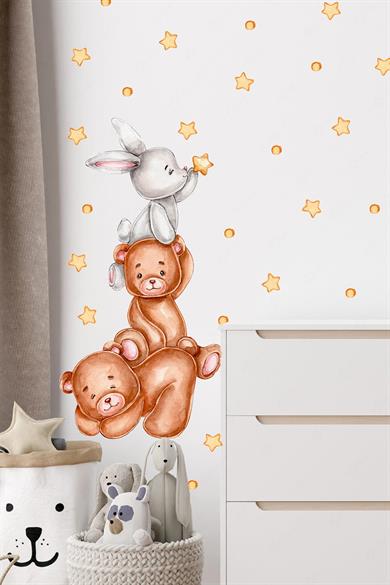 Sevimli Ayıcıklar, Tavşan, Yıldız ve Puantiyeler Çocuk Bebek Odası Duvar Sticker Seti