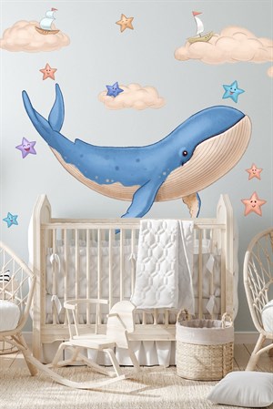 Sevimli Balina Bulutlar ve Yıldızlar Çocuk Bebek Odası Sticker Se