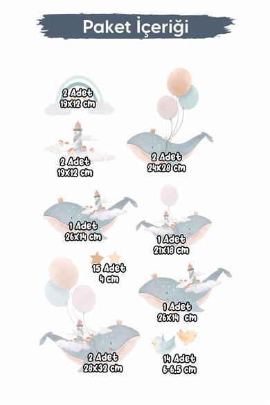 Sevimli Balinalar Deniz Feneri Kuşlar ve Yıldızlar Çocuk Bebek Odası Dekorasyon Sticker Seti