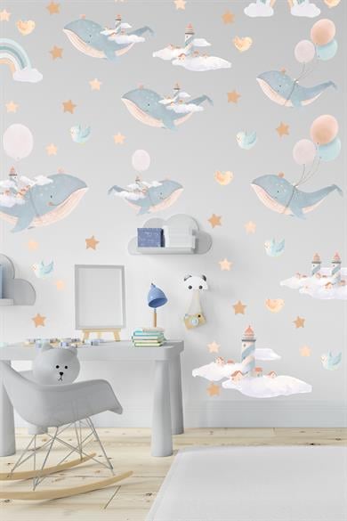 Sevimli Balinalar Deniz Feneri Kuşlar ve Yıldızlar Çocuk Bebek Odası Dekorasyon Sticker Seti
