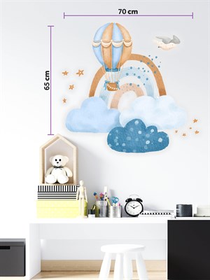 Sevimli Bulutlar Gökkuşağı ve Uçan Balon Mavi Çocuk Odası Sticker