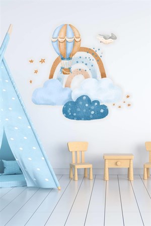 Sevimli Bulutlar Gökkuşağı ve Uçan Balon Mavi Çocuk Odası Sticker