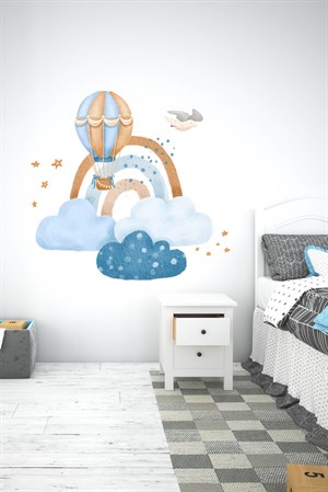 Sevimli Bulutlar Gökkuşağı ve Uçan Balon Mavi Çocuk Odası Sticker