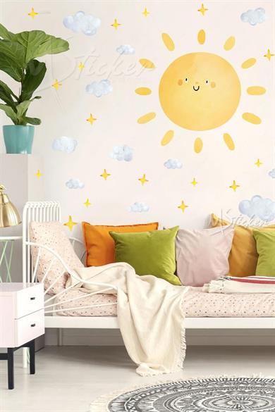 Sevimli Güneş Bulutlar ve Yıldızlar Soft Renklerde Çocuk Bebek Odası Sticker Seti