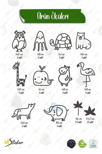 Sevimli Hayvan Figürlerinden Oluşan Duvar Kağıdı Görünümlü Mat Yüzeyli Özel Kesim Sticker Seti