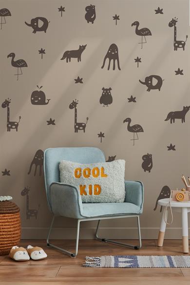 Sevimli Hayvan Figürlerinden Oluşan Duvar Kağıdı Görünümlü Mat Yüzeyli Özel Kesim Sticker Seti