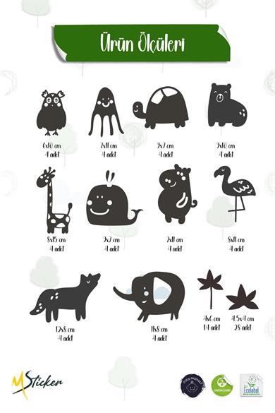 Sevimli Hayvan Figürlerinden Oluşan Duvar Kağıdı Görünümlü Mat Yüzeyli Özel Kesim Sticker Seti
