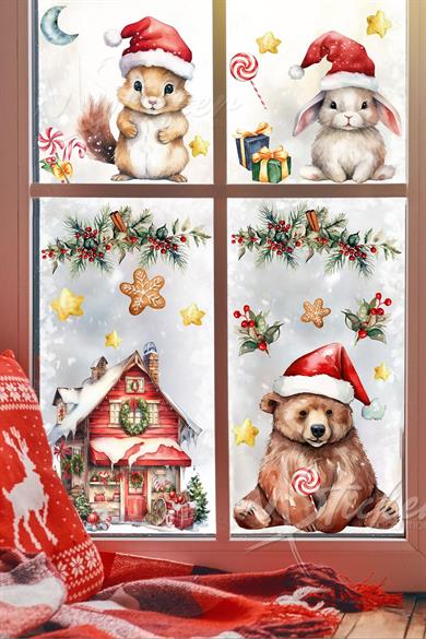 Sevimli Hayvanlar Yılbaşı Sevinci Yılbaşı Sticker, Ormanda Kış Kutlaması Sticker Seti, Yılbaşı Süsü