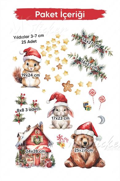 Sevimli Hayvanlar Yılbaşı Sevinci Yılbaşı Sticker, Ormanda Kış Kutlaması Sticker Seti, Yılbaşı Süsü