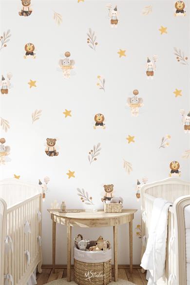 Sevimli Hayvanlar Yıldızlar ve Çiçekler Çocuk Bebek Odası Cam Duvar Dolap Sticker Seti