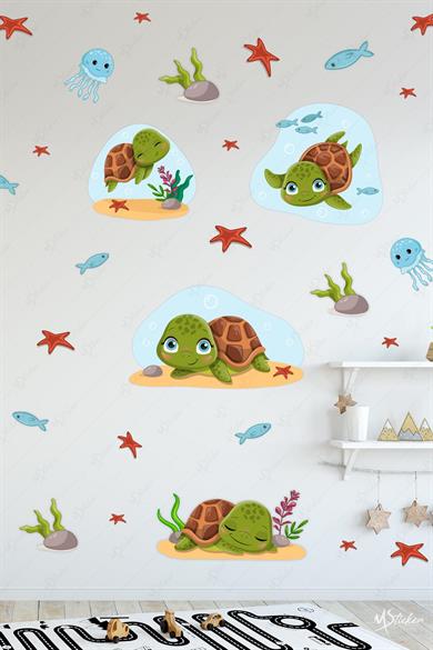 Sevimli Kaplumbağalar ve Deniz Canlıları Çocuk Bebek Odası Duvar Cam Dolap Sticker Seti