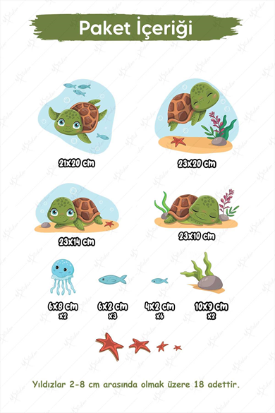 Sevimli Kaplumbağalar ve Deniz Canlıları Çocuk Bebek Odası Duvar Cam Dolap Sticker Seti