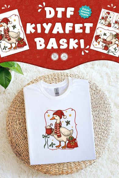 Sevimli Kaz Yılbaşı Kumaş Baskı Yapılabilen Özel Tasarım Ütü Ile Yapışan Tekstil Dtf Baskı Görseli