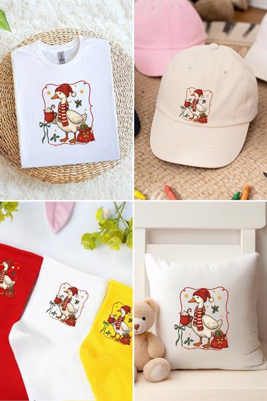 Sevimli Kaz Yılbaşı Kumaş Baskı Yapılabilen Özel Tasarım Ütü Ile Yapışan Tekstil Dtf Baskı Görseli