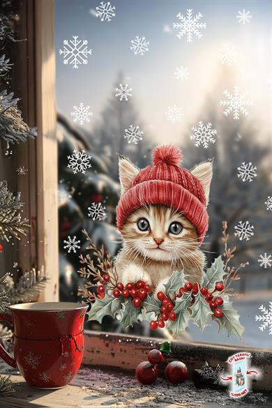 Sevimli Kedi & Kar Taneleri Cam Süsü – Çift Taraflı Baskı %100 Net Görünüm - Yılbaşını Bekleyen Kedi