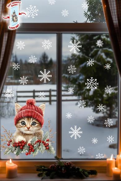 Sevimli Kedi & Kar Taneleri Cam Süsü – Çift Taraflı Baskı %100 Net Görünüm - Yılbaşını Bekleyen Kedi