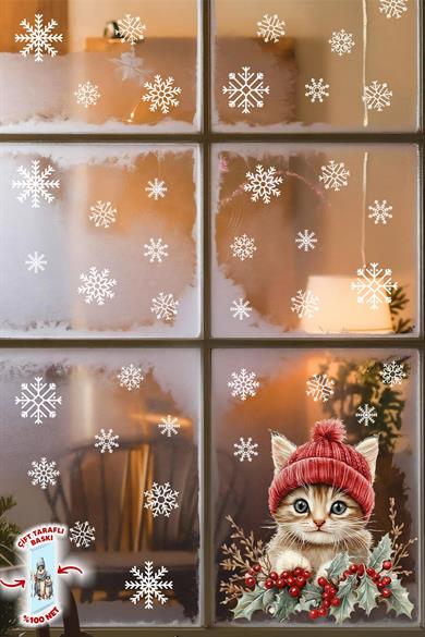 Sevimli Kedi & Kar Taneleri Cam Süsü – Çift Taraflı Baskı %100 Net Görünüm - Yılbaşını Bekleyen Kedi