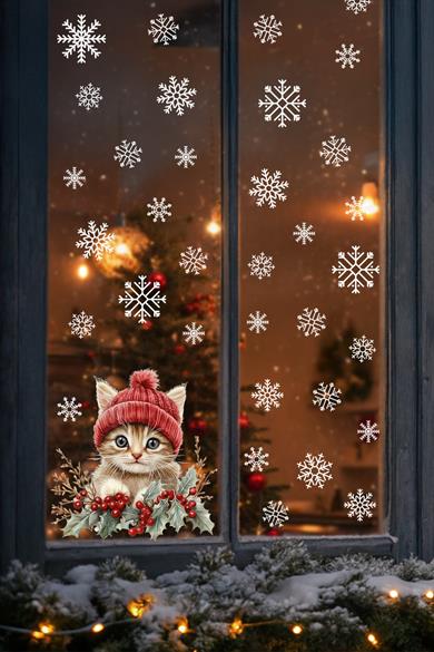 Sevimli Kedi & Kar Taneleri Cam Süsü – Çift Taraflı Baskı %100 Net Görünüm - Yılbaşını Bekleyen Kedi