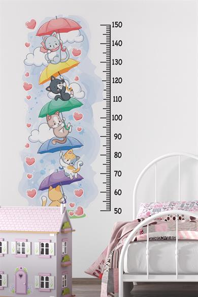 Sevimli Kedilerle Süslü Boy Cetveli Sticker, Çocuk Bebek Odası Boy Ölçer Sticker