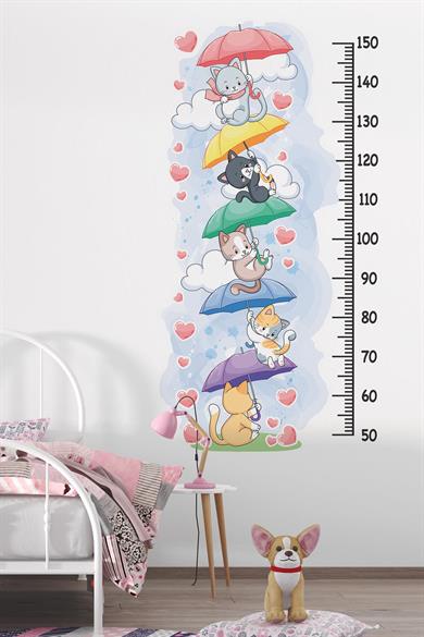 Sevimli Kedilerle Süslü Boy Cetveli Sticker, Çocuk Bebek Odası Boy Ölçer Sticker