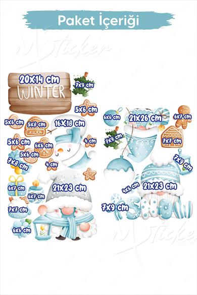 Sevimli Kış Cüceleri, Yeni Yıl Yılbaşı Sticker Seti, Cüceler Kurabiyeler ve Kış Konseptli Sticker