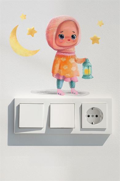 Sevimli Kız Çocuğu Ramazan-ı Şerif Priz Sticker Seti Duvar Cam Sticker Ramazan Süsü