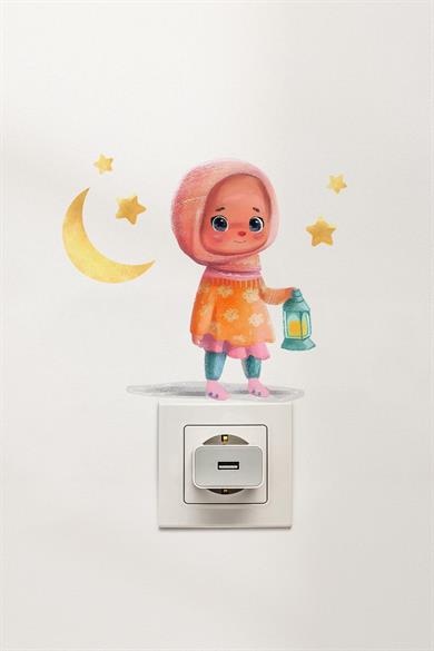 Sevimli Kız Çocuğu Ramazan-ı Şerif Priz Sticker Seti Duvar Cam Sticker Ramazan Süsü