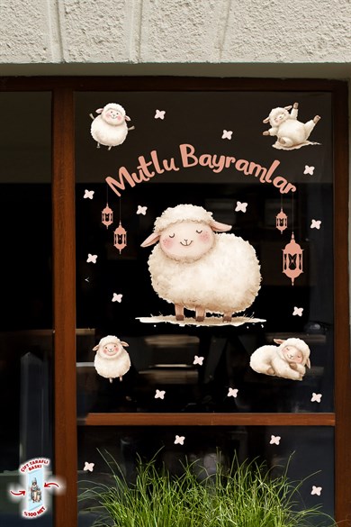 Sevimli Kuzulu Kurban Bayramı Cam Sticker Seti Çift Taraflı 61 Parça Bayram Süsü Premium Sticker