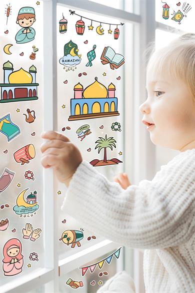 Sevimli Ramazan Figürleri Çocuk Bebek Odası Duvar Cam Dolap Kitap Mini Sticker Seti 123 Parça