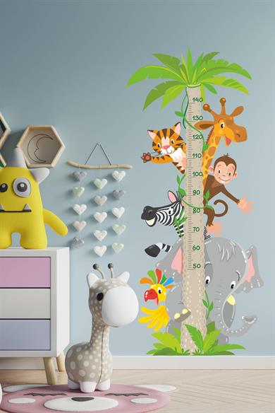 Sevimli Safari Hayvanları Temalı Boy Ölçer Duvar Sticker Boy Cetveli