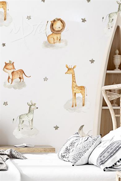 Sevimli Safari Hayvanları ve Gri Yıldızlar Çocuk Bebek Odası Cam Duvar Sticker Seti
