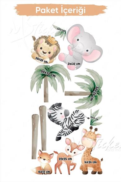 Sevimli Safari Hayvanları ve Palmiyeler Çocuk Bebek Odası Duvar Sticker Seti
