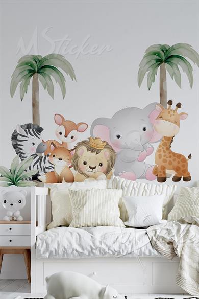 Sevimli Safari Hayvanları ve Palmiyeler Çocuk Bebek Odası Duvar Sticker Seti