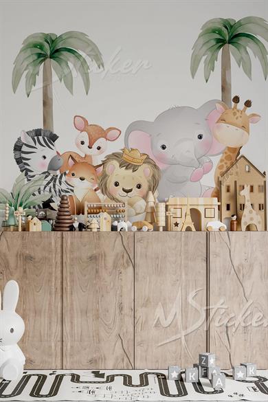 Sevimli Safari Hayvanları ve Palmiyeler Çocuk Bebek Odası Duvar Sticker Seti