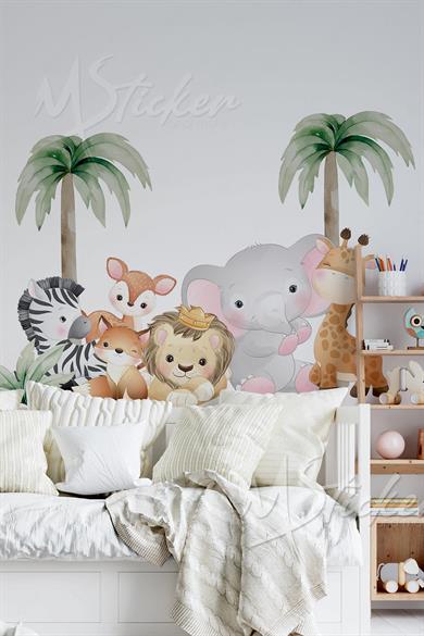Sevimli Safari Hayvanları ve Palmiyeler Çocuk Bebek Odası Duvar Sticker Seti